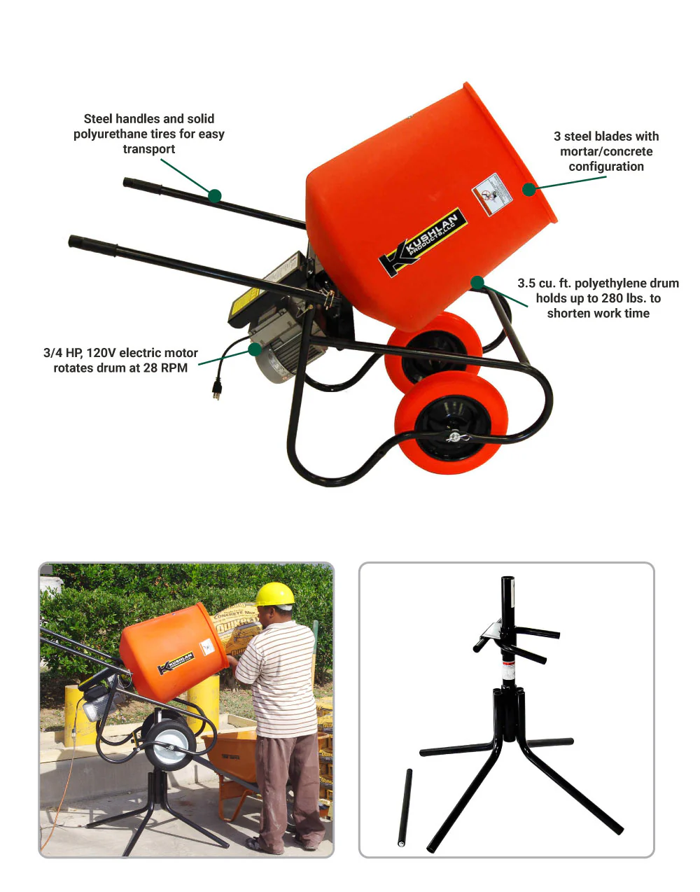 Kushlan Electric Direct Drive Cement Mixer, 3.5-Cubic ft. Drum, 3/4 HP (350DD) - Image 3