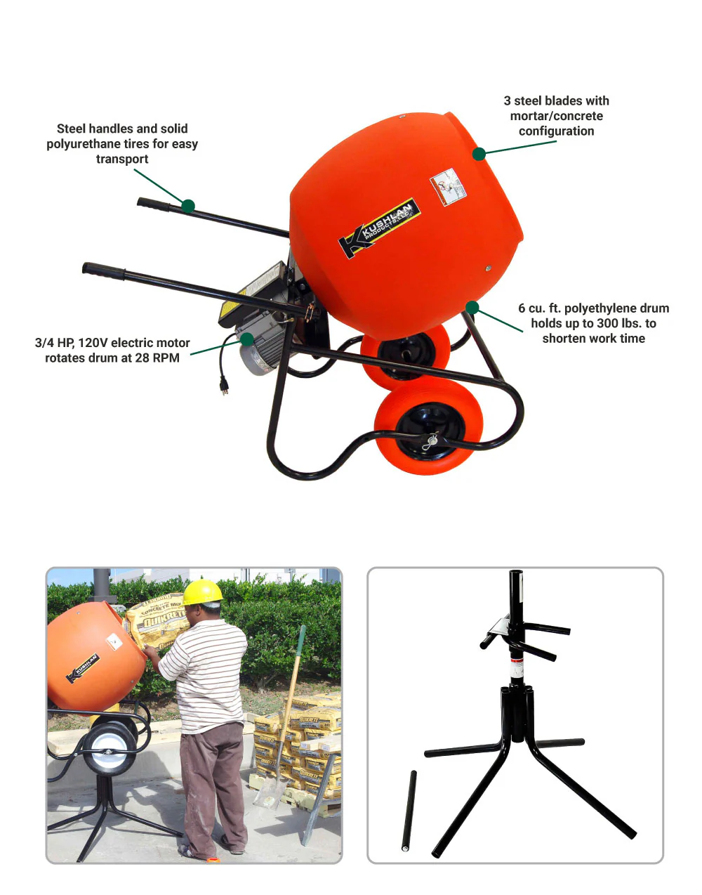 Kushlan Electric Direct Drive Cement Mixer, 6-Cubic ft. Drum, 3/4 HP (600DD) - Image 3